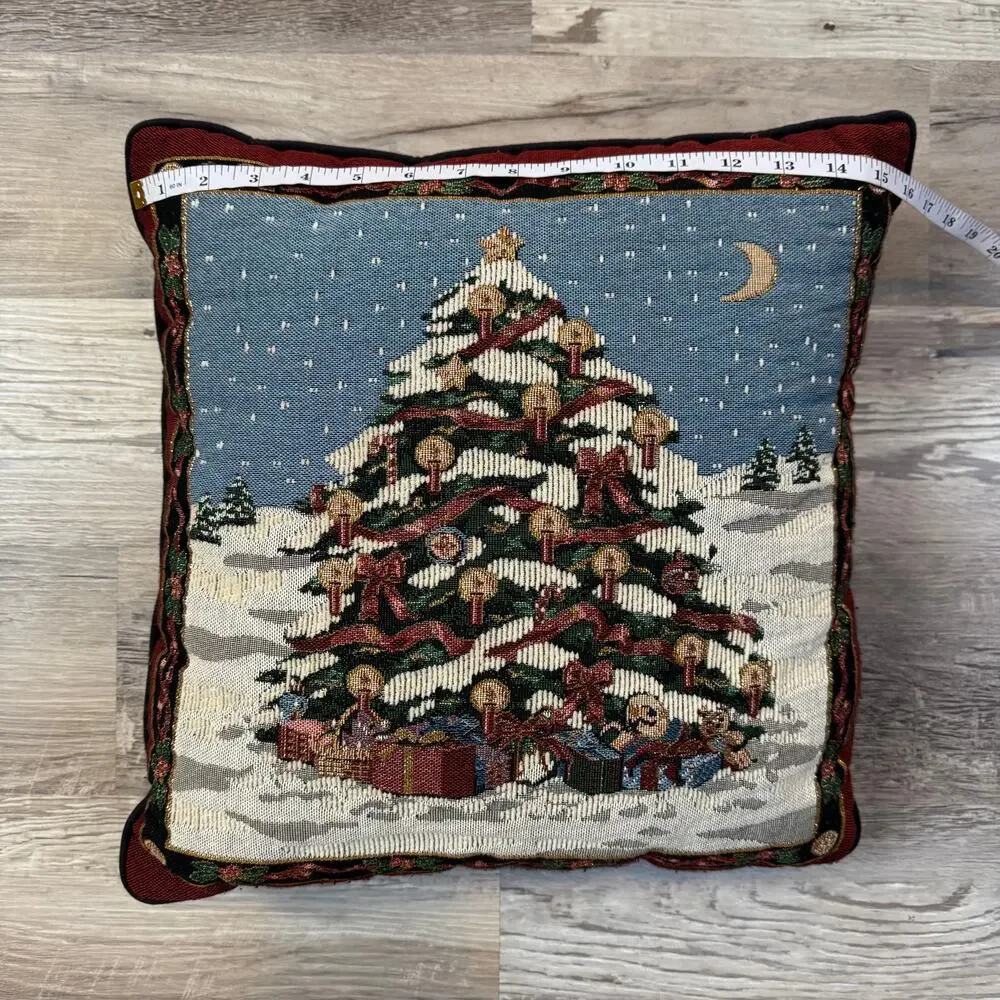 Vintage Christmas Tree Tapestry Pillow 16x16 Holiday Decor Snow Scene